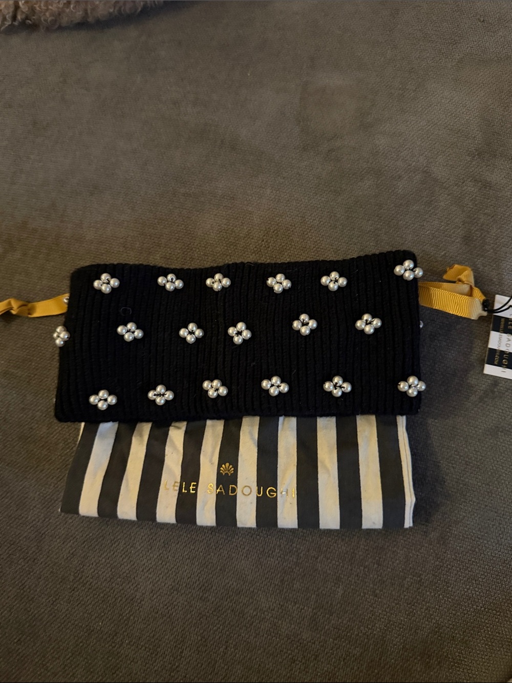 Black Pearl-Embellished Knit Ear Warmer